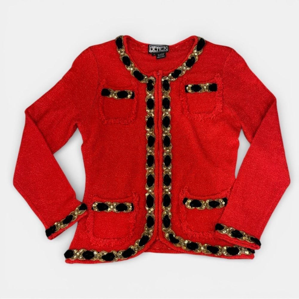 Vintage Berek Red Women’s Sweater with Beautiful Details Sequin and Velvet